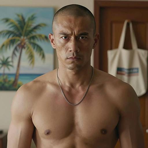 Intense Muscular Man with Tropical Background