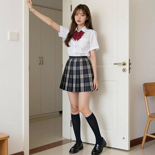 Asian Woman in School Uniform Standing Indoors