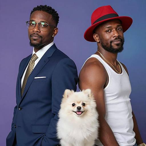 Stylish Duo with Pomeranian in Vibrant Background