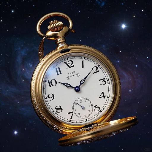 Photograph of a gold pocket watch with white face, black numerals, and blue hands, set against a starry, cosmic background.