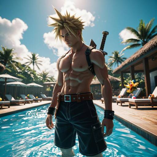 Cloud Strife at Poolside in Tropical Setting