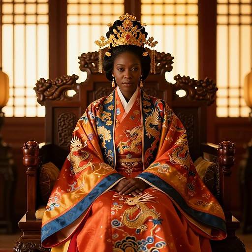 Photograph of a regal African woman in an ornate, vibrant orange and gold traditional Korean royal dress, seated on an intricately carved wooden throne