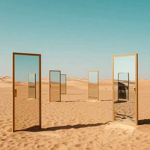 Photograph of five tall, golden-framed, reflective glass doors standing in a vast, sunlit desert with clear blue sky and golden sand.