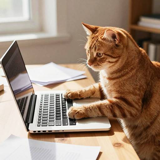 Photograph of an orange tabby cat with striped fur, sitting on a wooden desk and using a silver laptop in a sunlit room.