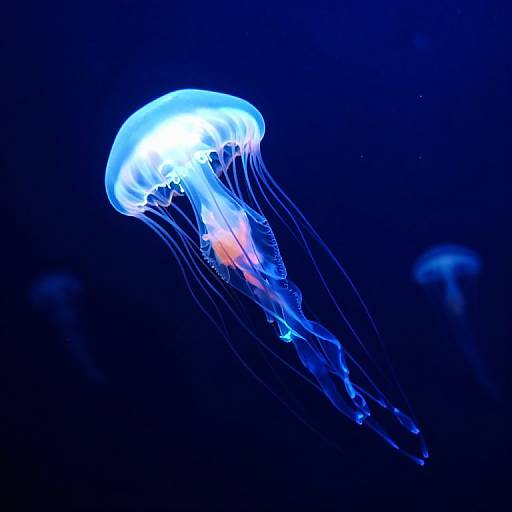 Photograph of a glowing blue and white jellyfish with long, flowing tentacles against a dark blue underwater background.