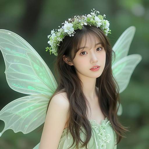 Photograph of an Asian fairy with long black hair, green wings, white flower crown, and green dress, set against a blurred forest background.