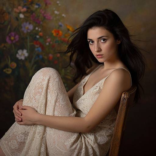 Photograph of a young woman with long dark hair, wearing a white lace dress, sitting on a wooden chair, hugging her knees, against a