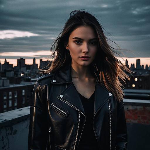 Fashion Model with Middle Part Hairstyle on Urban Rooftop