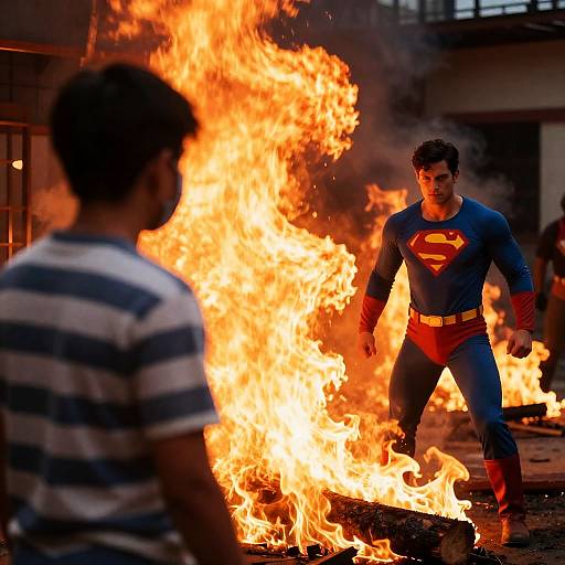 Dramatic Firefight Scene with Superhero