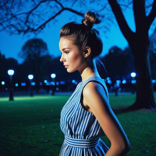 Woman with Half-Up Bun Hairstyle in Blue Striped Dress Woman with Half-Up Bun Hairstyle in Blue Striped Dress