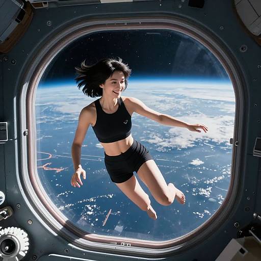 Photograph of a smiling Asian woman with black hair, wearing a black sports bra and shorts, floating through a spacecraft window, with Earth and space visible