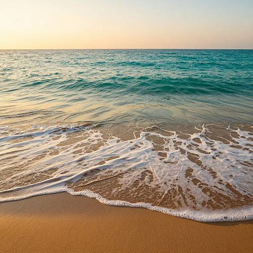 Photograph of a serene beach at sunset, with gentle waves lapping onto golden sand, turquoise ocean, and a glowing orange sky.