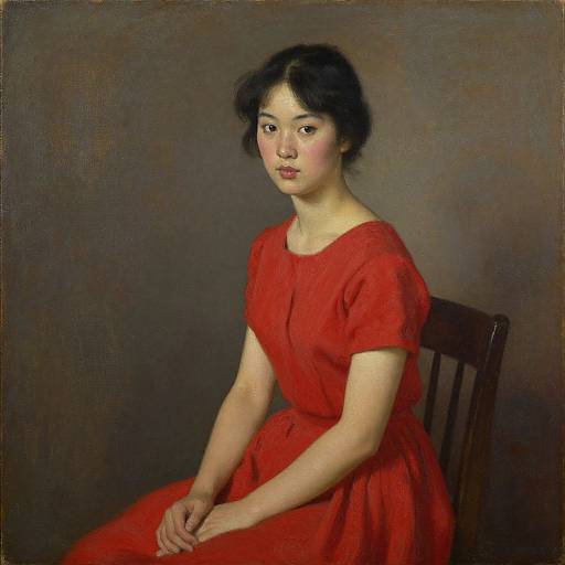 Classical oil painting of an Asian woman with fair skin, black hair, and red dress, seated on a wooden chair against a dark brown background,