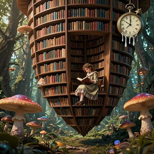 Fantasy forest scene: young girl in white dress reading in a book-filled, floating wooden cylinder with giant red mushrooms and a hanging clock.