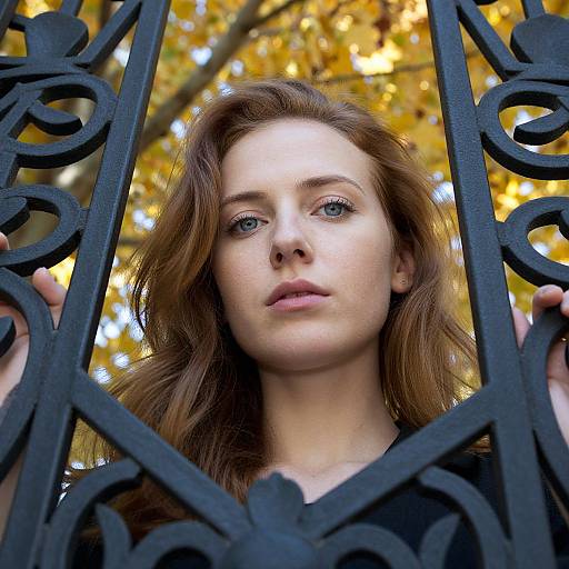 Photograph of a fair-skinned woman with blue eyes and auburn hair, looking through ornate black iron gate, autumn leaves in background.