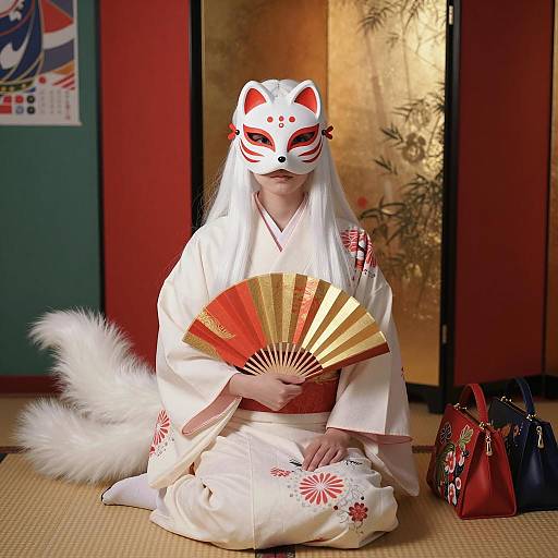 Serene Kimono Figure with Fox Mask