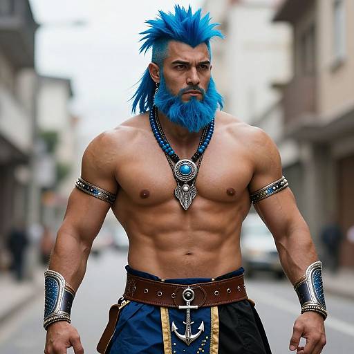 Muscular Tribal Warrior with Blue Hair
