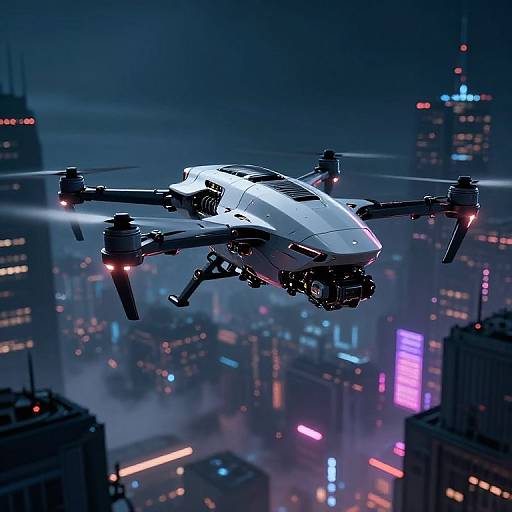 Photorealistic CGI of a sleek, white drone with red lights flying over a neon-lit, foggy, futuristic cityscape at night.