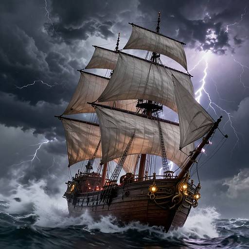 Digital illustration of a stormy, lightning-struck, wooden pirate ship with billowing sails, dark clouds, and turbulent ocean waves.