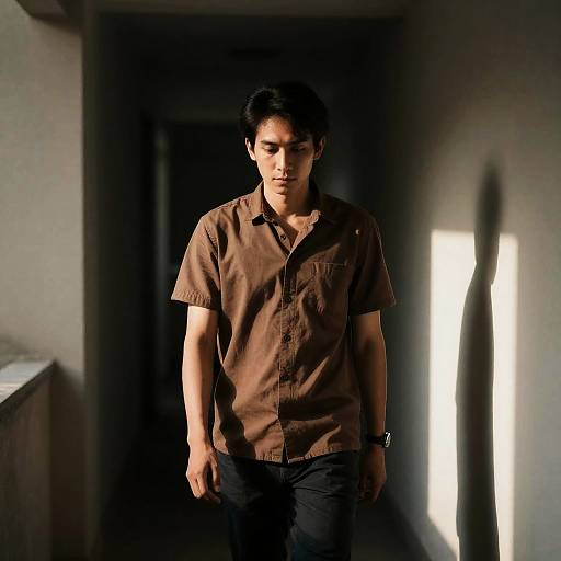 Dimly Lit Hallway with Framed Man