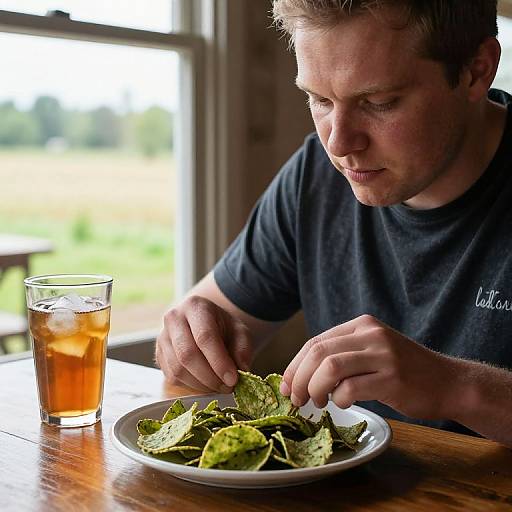 Photograph of a fair-skinned man with short blonde hair, wearing a black t-shirt, eating green tortilla chips at a wooden table with an
