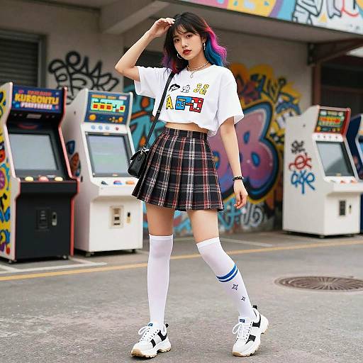 Photograph of a young woman with black and purple hair, wearing a white crop top, plaid skirt, knee-high socks, and white sneakers,