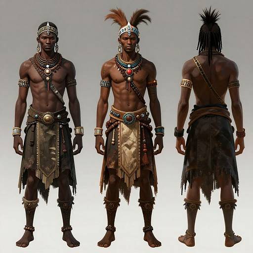 Photorealistic digital rendering of three muscular, dark-skinned Native American men in traditional tribal attire, featuring headbands, necklaces, armbands