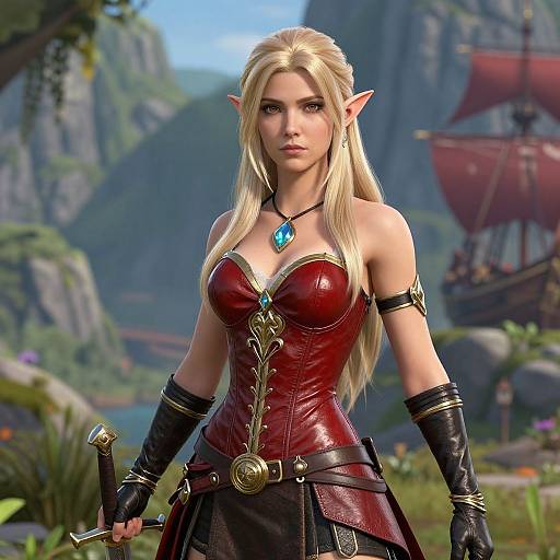 Digital artwork of a blonde elven woman with pointed ears, wearing a red leather corset, black gloves, and a blue gem necklace, standing in