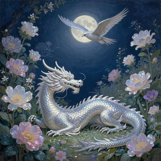 Digital painting of a silver dragon with intricate scales, lying among glowing pink flowers under a full moon, with a white bird in flight above. Nighttime