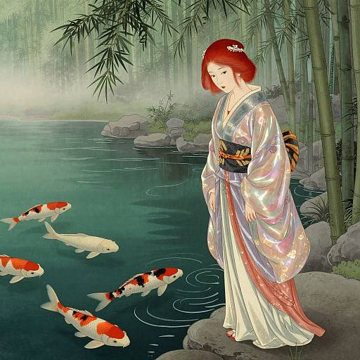 Digital illustration of a red-haired woman in a translucent kimono standing by a tranquil pond with colorful koi fish and bamboo trees.