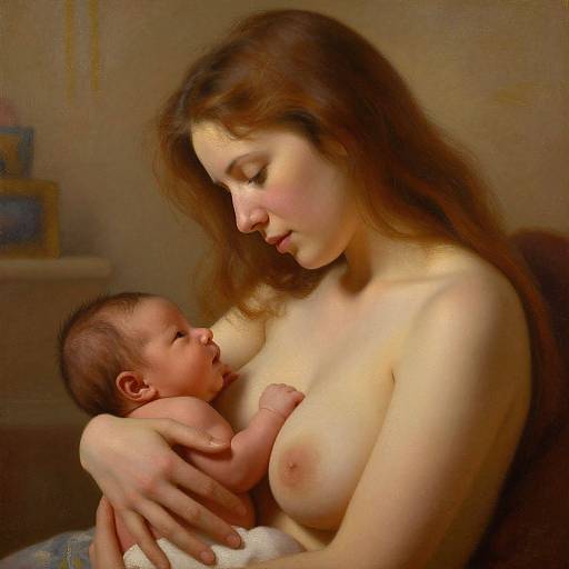 Digital painting of a topless, fair-skinned woman with long brown hair, gently cradling a naked, newborn baby with dark hair. Warm