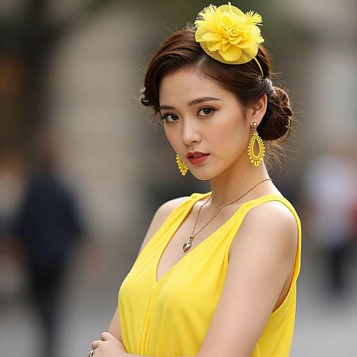 Photograph of an Asian woman with fair skin, dark hair in a bun, wearing a yellow dress and matching flower headpiece, yellow earrings, and