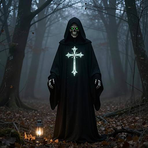 Eerie Skeletal Figure in Misty Forest