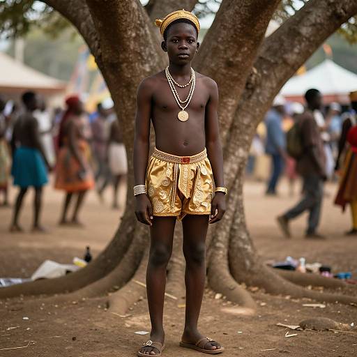 Photograph of a young, dark-skinned African boy standing in front of a large tree, wearing gold shorts, headband, and multiple necklaces