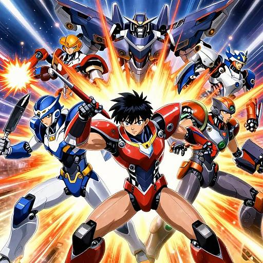 Digital anime artwork of a black-haired, muscular, red-and-blue armored man surrounded by six colorful, glowing mecha robots in dynamic battle stance. Bright