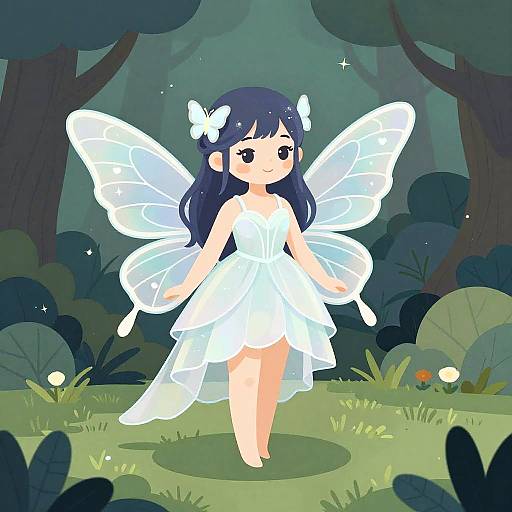 Digital anime-style drawing of a cute fairy girl with long blue hair, white dress, and translucent wings, standing in a moonlit forest.