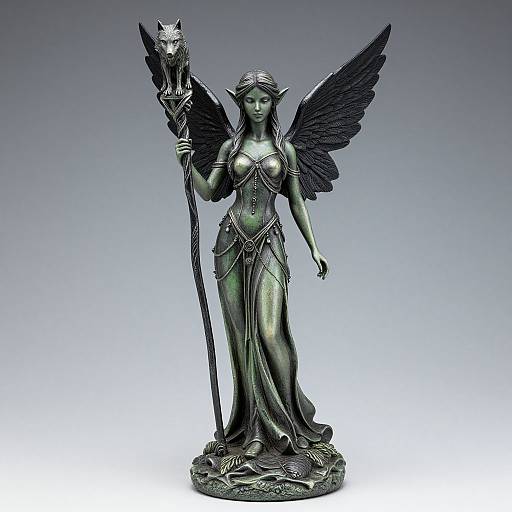 Photograph of a dark green, bronze-colored, winged female elf statue holding a staff with a wolf head, wearing a detailed, flowing dress.