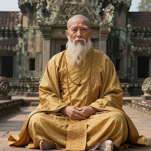 Elderly Asian Monk in Golden Robes at Ancient Temple