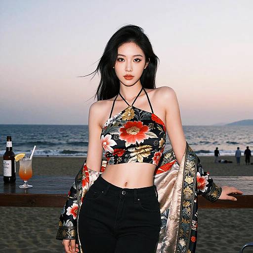 Elegant Asian Woman at Beachside Bar