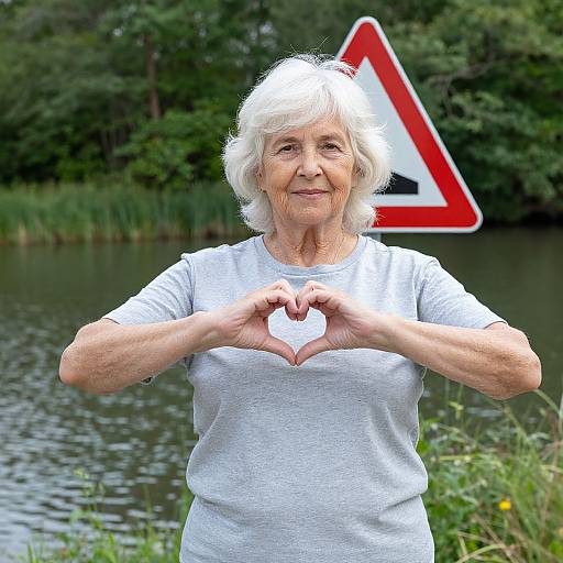 Photograph of an elderly white woman with short white hair, wearing a gray shirt, making a heart shape with her hands by a forested lake with