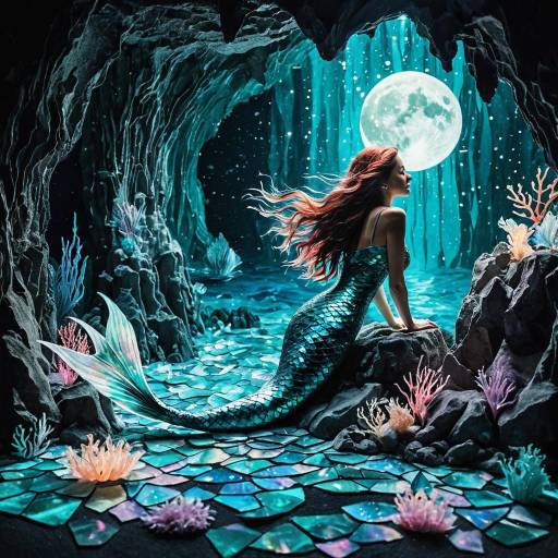 Glass Shard Mermaid in Moonlit Underwater Cave