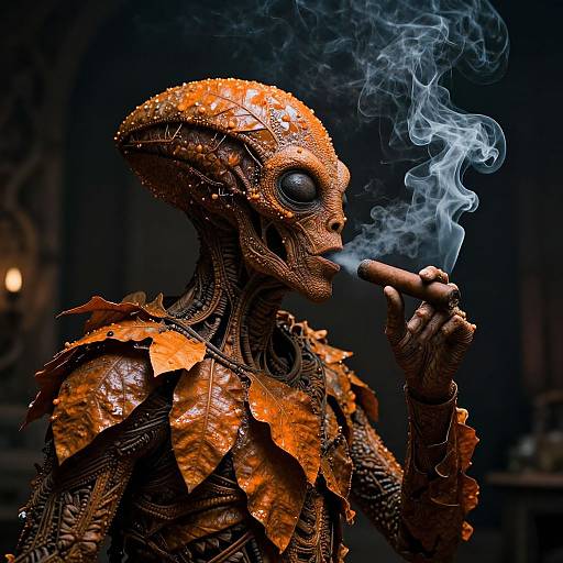 Photorealistic CGI of a metallic, orange-skinned alien with large black eyes, smoking a cigar, emitting blue smoke, in a dark, industrial