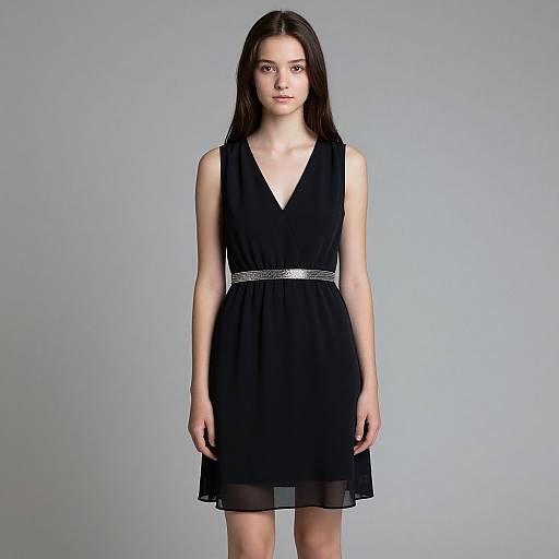 Photograph of a young woman with long dark hair, wearing a sleeveless black V-neck dress with a silver belt, standing against a plain gray background