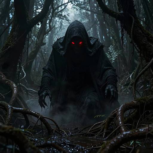 Dark, eerie forest scene with a shadowy, hooded figure with glowing red eyes lurking amid tangled, wet roots and fog. Digital art.