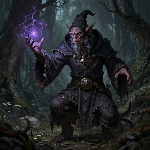 Digital fantasy art: A menacing, blue-bearded orc in tattered dark robes crouches in a dark forest, conjuring a glowing purple orb