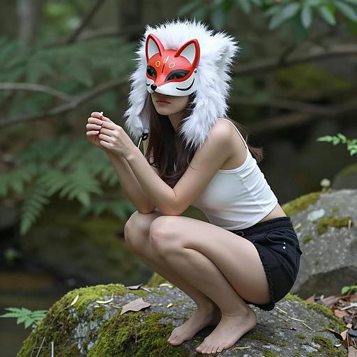 Woman in Fox Mask Crouching on Mossy Rock