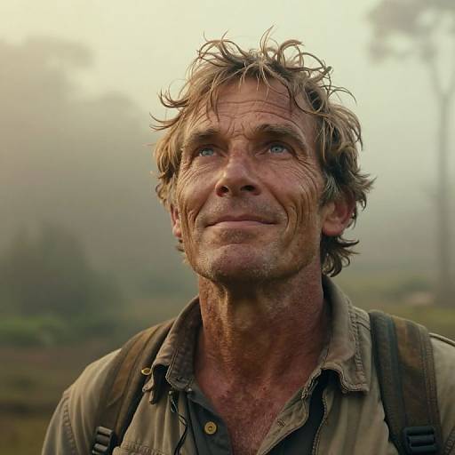 Photograph of a rugged, weathered man with tousled brown hair, blue eyes, and a slight smile, wearing a dirty, open-coll