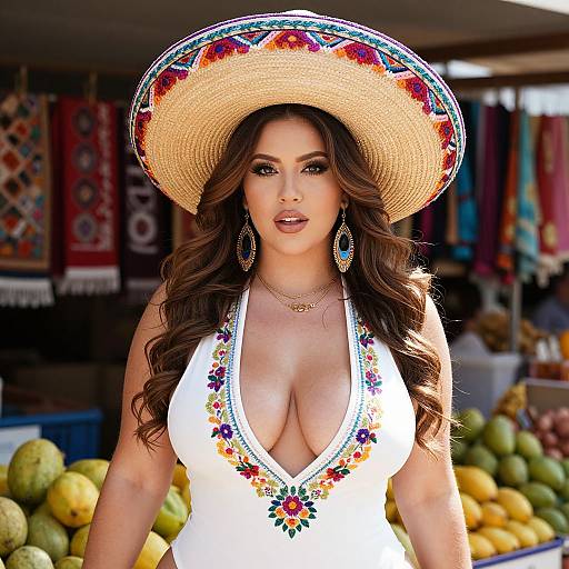 Photograph of a curvy woman with long brown hair, wearing a white, low-cut top with floral embroidery, and a large, colorful sombrero