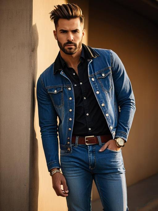 Man in Stylish Denim Outfit with Styled Hair