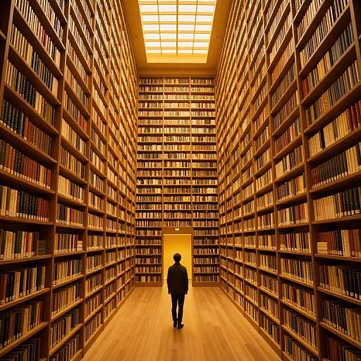 Photograph of a lone silhouette standing in the center of a vast, warmly lit library aisle with towering bookshelves on both sides.